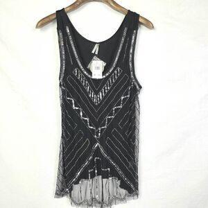 Vanity Black Sequin Mesh Tank Top XL Art Deco Sheer